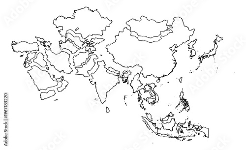 Asia map vector disjoint exploded puzzle blueprint wireframe outline only un filled standard mercator projection regional geography cartography boundaries modern graphic design isolated template eps