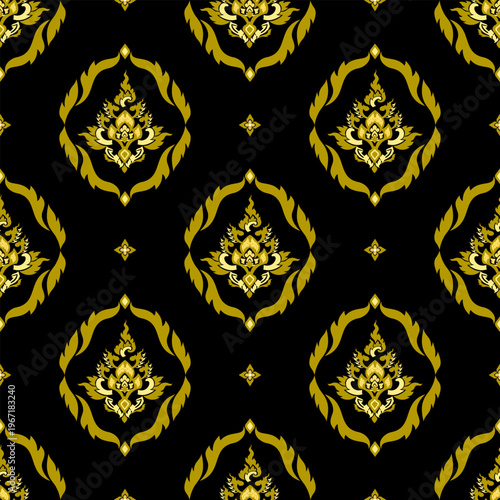 Thai art pattern.
Native Thai ethnic pattern, seamless design, painted with gold, yellow, and red colors on a black background. Suitable for wallpaper, walls, temple wallpaper, carpets, and clothing.