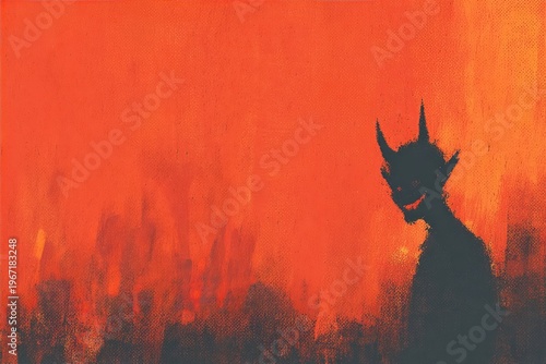 Smiling demon character standing against hellfire background