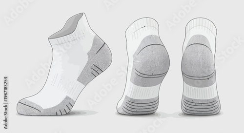 Three views of a white and grey ankle sock with ribbed cuff and cushioned sole design