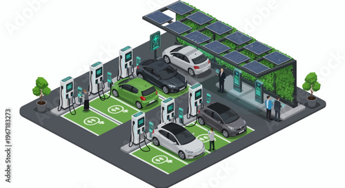 Innovative electric vehicle charging station with solar panels and green walls, symbolizing sustainable urban transport and technology