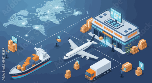 Seamless global shipping and delivery network with interconnected transport, illustrating modern supply chain management and international trade