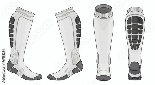 Technical sports socks with protective padding, presented from multiple angles for design and functionality