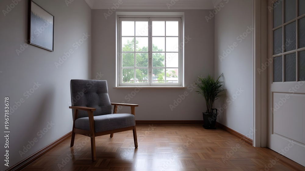 Fototapeta premium A minimalist residential interior room features a grey armchair a window with greenery and polished wooden flooring