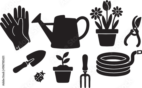 Gardening tools and plants icons set