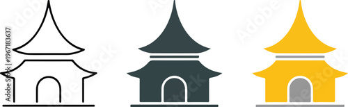 Minimalist collection of traditional Asian shrine icons featuring outline silhouette and yellow flat design styles for cultural travel and heritage projects.