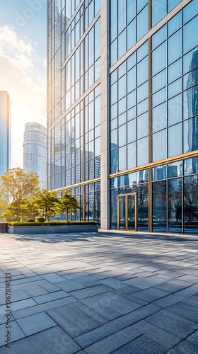 Contemporary glass building and sunlit urban streetscape exterior