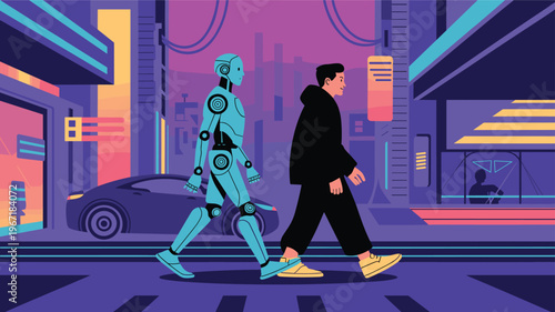 Man and Robot Walking Together in Futuristic City Street at Night Technology Concept