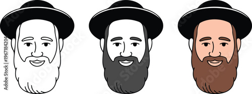 Minimalist vector set of bearded man avatars wearing traditional black caps featuring line art silhouette and flat color design styles for character profile icons.