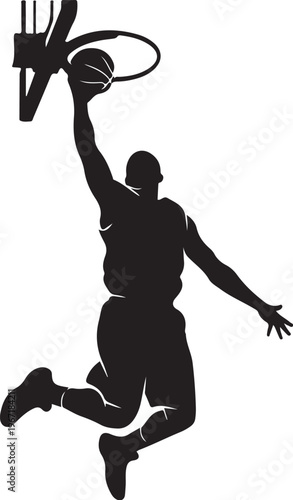 Basketball player silhouette dunking ball through hoop