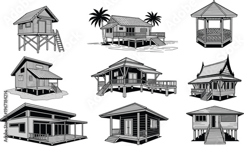 Small houses huts icons collection with tropical palm trees stilted porches decks gabled hip thatched roofs architecture vector illustration artwork design set