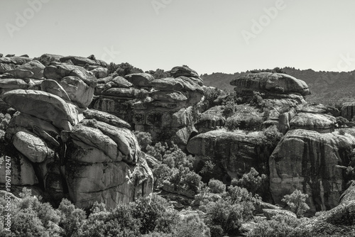 Canvas Print Rocky Landscape with Boulder Formations Against Clear Blue Sky
