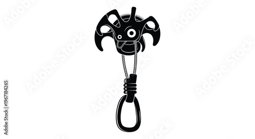 Black and white illustration of a climbing camming device detailed silhouette