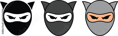 Minimalist vector set of ninja cat mask icons featuring black silhouette and grey flat color design styles for gaming and creative character projects.