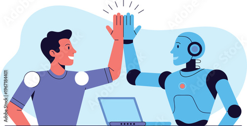 Human Collaborating with Robot Giving High Five Over Laptop Technology Partnership Flat Design