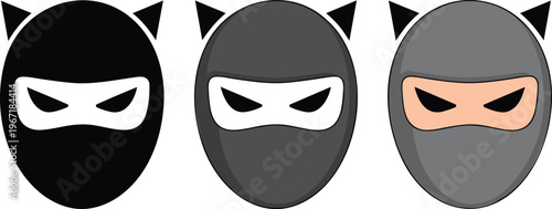 Minimalist vector set of ninja cat mask icons featuring black silhouette and grey flat color design styles for gaming and creative character projects.