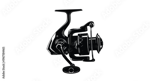 Detailed illustration of a fishing reel in stark black a striking silhouette
