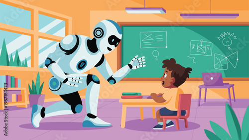 Robot Helping Student Learn Science Concepts at Desk in Classroom Educational Technology Flat Design Illustration