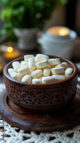 Close-up of pale yellow chewable vitamins or supplements in carved dark wooden bowl on placemat with soft, warm background lighting