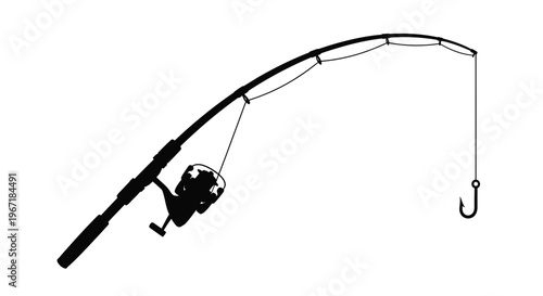 A black silhouette of a fishing rod with reel and hook angling downwards