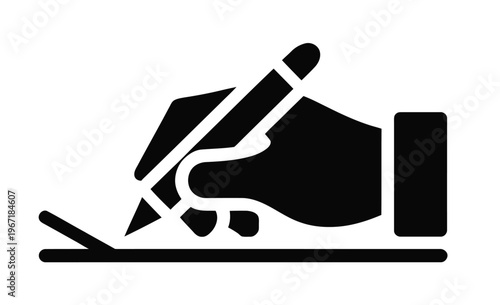 Vector graphic of a hand holding a pen signing a document with a notebook