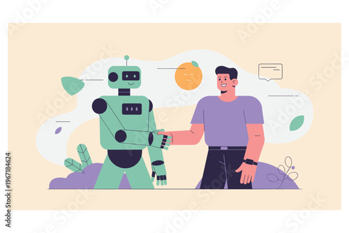 Human and Robot Shaking Hands Symbolizing Collaboration and Future Technology Flat Design Style