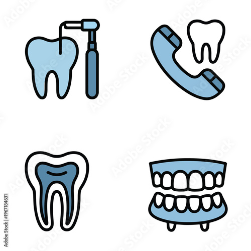 Vector graphic illustration of various dental related icons on a white background