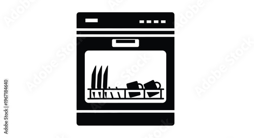 Black silhouette of a dishwasher with dishes inside simple appliance outline