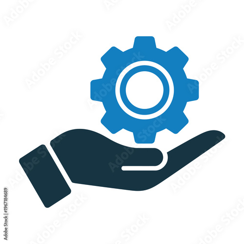 Vector graphic of a hand holding a blue gear on a white background.