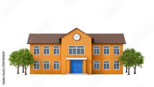 фотографія Orange school building with blue doors and clock, isolated on transparent backgr