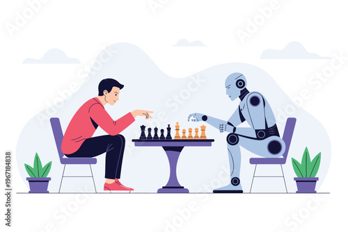 Man and Robot Playing Chess Strategy Game Outdoors Flat Design Style