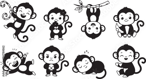 Cute Cartoon Monkey Character Emoticons Vector Set