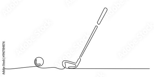 Minimalist One Line Drawing of Golf Club and Ball