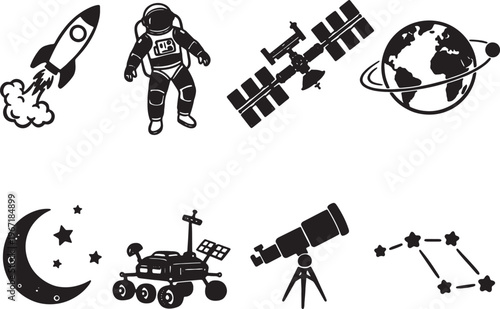 space icons with astronaut and rocket ship and planet