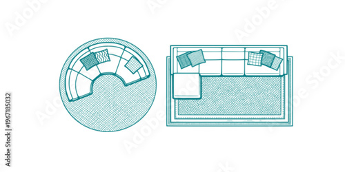 Technical vector illustration of two living room arrangements from a top view, featuring a circular sofa set and an L-shaped sectional couch.
