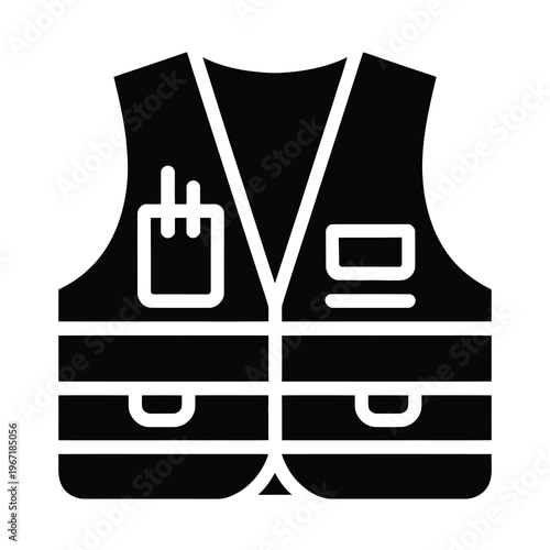 Vector graphic of a black safety vest with white outlines and utility pockets