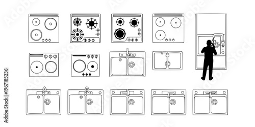 Vector set of kitchen elements top view: various cooktops (stoves) and sinks for architectural floor plans and interior layouts.

