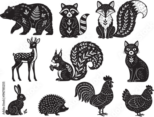 Folk Art Woodland Animal Illustrations - Black and White Silhouette Set
