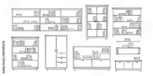 a striking visual of several tall filled bookshelves arranged in a row presenting a minimalist aesthetic silhouette high quality professional detailed
