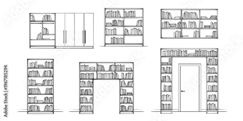 a striking visual of several tall filled bookshelves arranged in a row presenting a minimalist aesthetic silhouette high quality professional detailed
