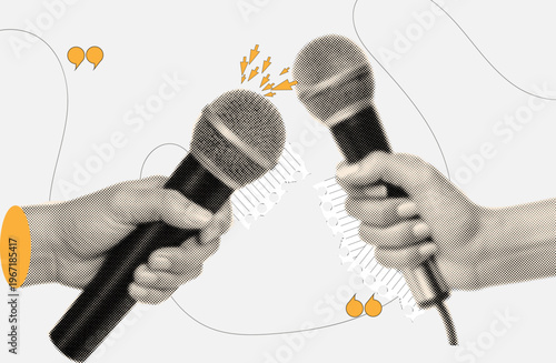 Trendy halftone collage,journalist microphones facing each other during discussion