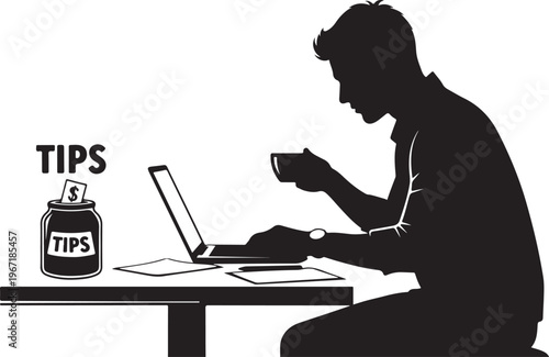 Man sitting at desk with laptop and tips jar silhouette