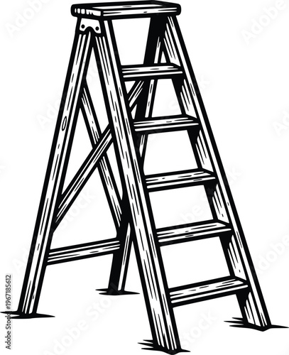 Hand Drawn Wooden Step Ladder Vintage Engraving Style Vector Illustration