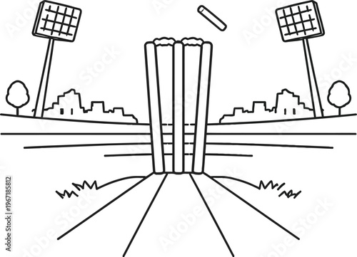 Black and white vector illustration depicting cricket stumps being struck by a bails flying high during a nighttime match