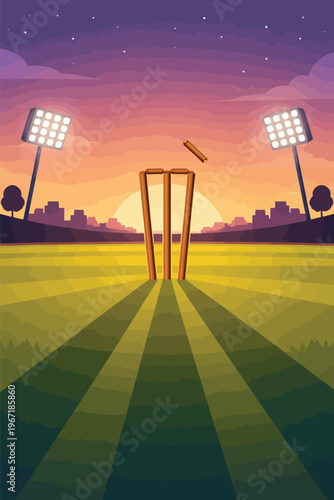 Cricket stadium vector illustration, wooden wickets on green grass field at sunset, sports arena with floodlights