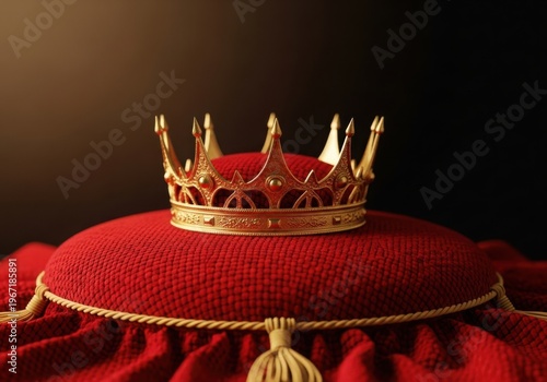 A regal crown resting atop a richly adorned ceremonial throne.