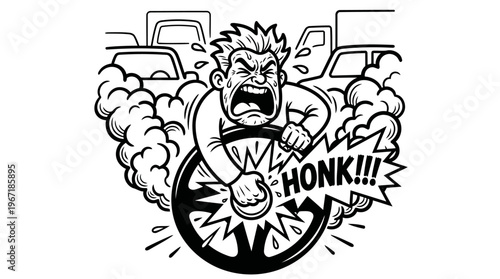 Minimalist Steering Wheel with Road Rage Cartoon Line Art, Monochrome Vector Illustration of Traffic Humor