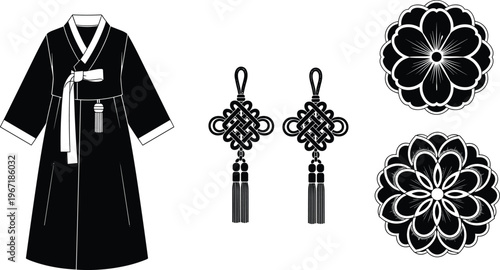 Traditional Korean hanbok dress with norigae tassels and floral motifs illustration, cultural heritage fashion design, black and white decorative artwork