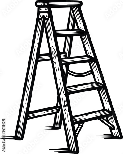 Hand Drawn Wooden Step Ladder Vintage Engraving Style Illustration