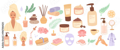 Vector illustration of spa and skincare elements set. Flat design beauty collection isolated object.